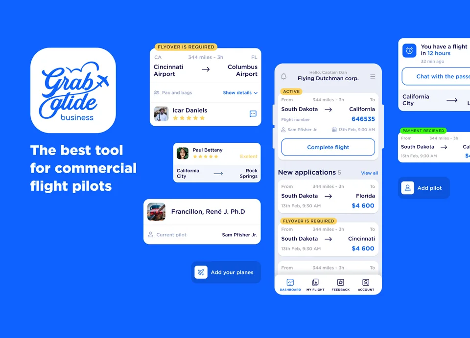 Дашборд приложения Grabglide Business с активными заявками на авиаперелёты